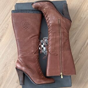 Vince Camuto Brown Leather Lace-Up Heeled Knee Boots with Side Zip